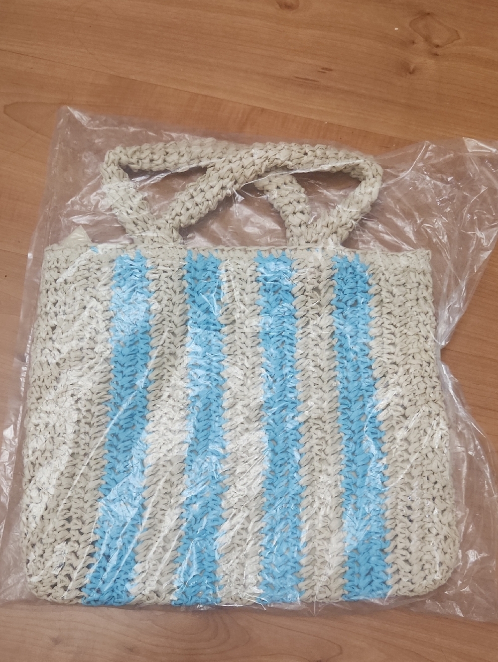 Woven Straw Tote Bag with Blue Stripes